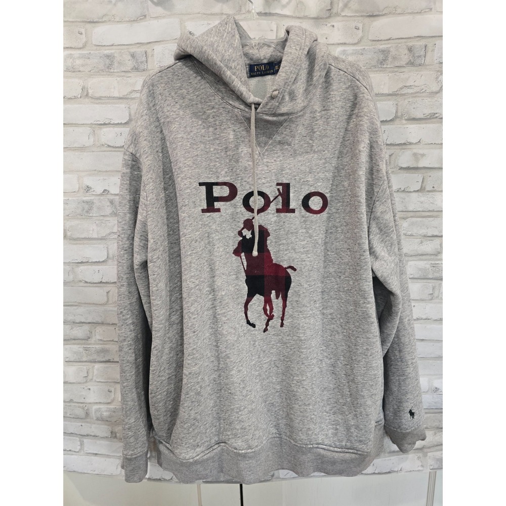 Polo Ralph Lauren Gray HTR BUFFALO Check BIG PONY Fleece Hoodie Mens 2XLT